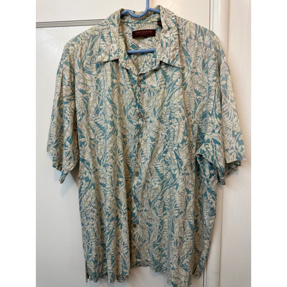 Tori Richard Mens 2XL Cotton Lawn Tropical Leaf Print Aloha Shirt Blue Hawaii